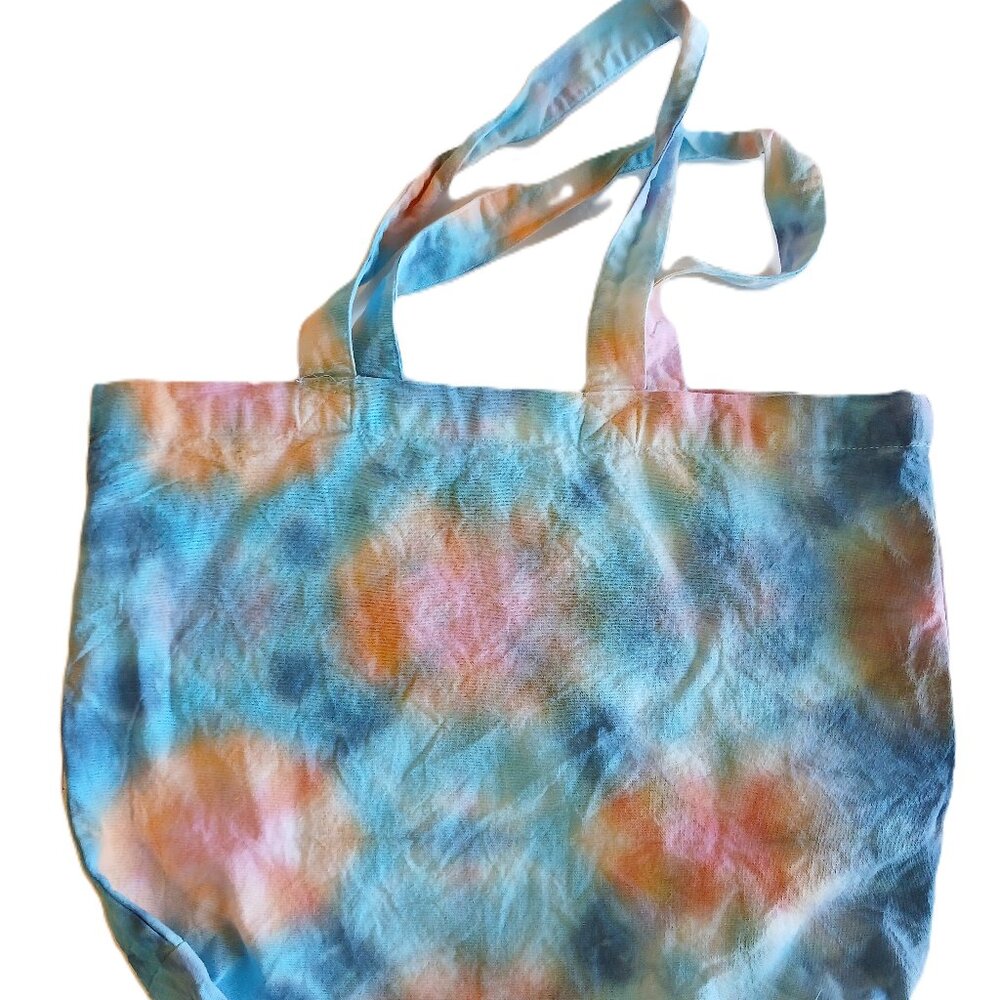 Tie Dye Tote Bag Cotton Reusable Grocery Bag With Blue Pink Orange Handmade - Picture 3 of 16